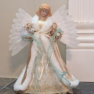Fiber Optic 13inch Porcelain Angel with Gold Dress Vintage Tree Topper